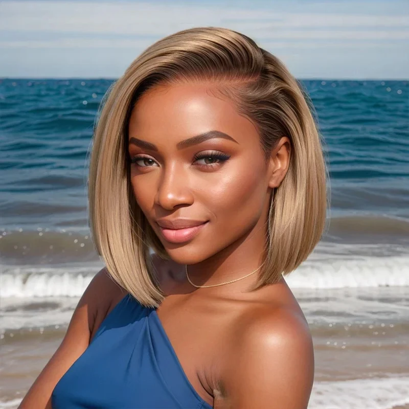 Women Human Hair Wig Light Ombred Brown Honey Blonde HD Lace Frontal Wigs Glueless Pre Plucked 13x4 Bob Straight Wig Small Mediu