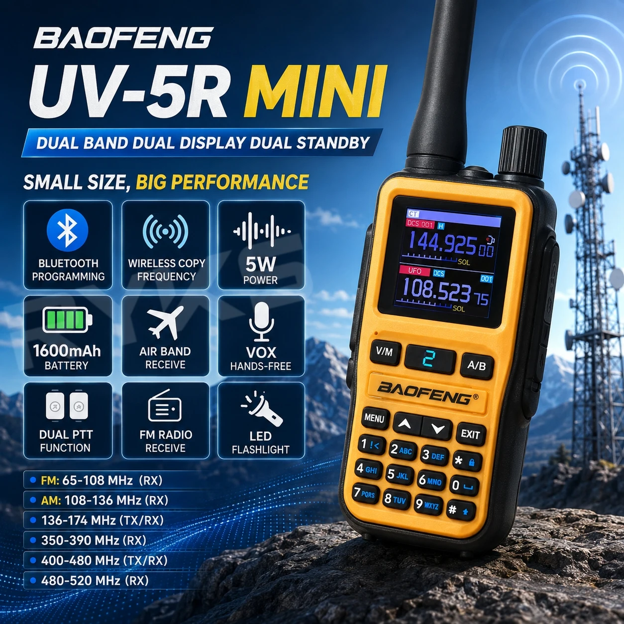 baofeng-uv-5r-mini：小型トランシーバー、デュアルバンド（vhf-uhf）、アマチュア無線対応、bluetooth接続、type-c充電、長距離通信、双方向無線機。