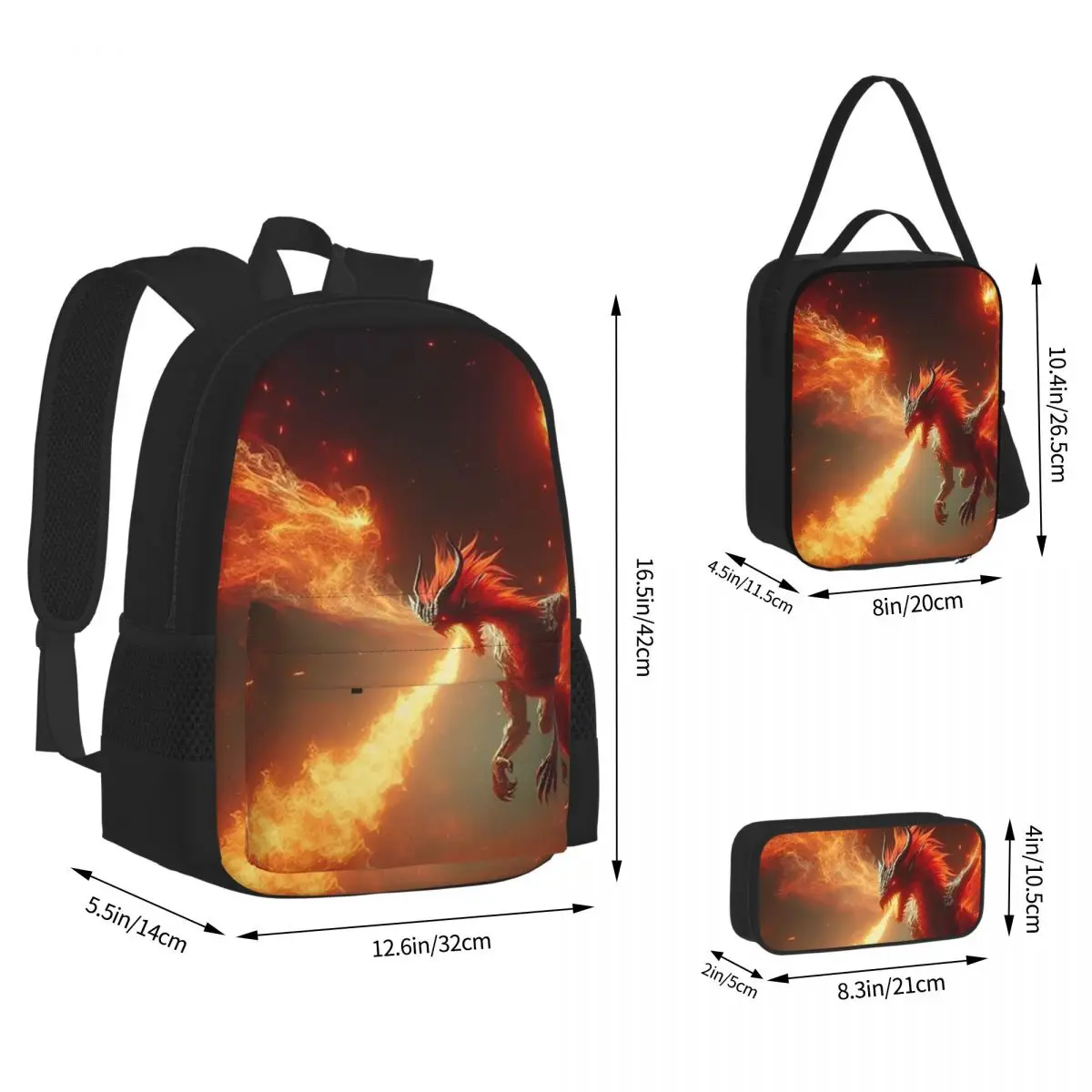 Dragon In The Fire Backpacks Students Bookbag School Bags Children Rucksack Lunch Bag Pen Bag Three-Piece Set