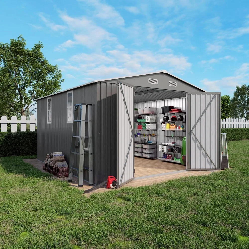 10x12x6.7FT Outdoor Storage Shed, Galvanized Steel Garden Shed with Lockable Door & Window, Waterproof Metal Tool, Custom
