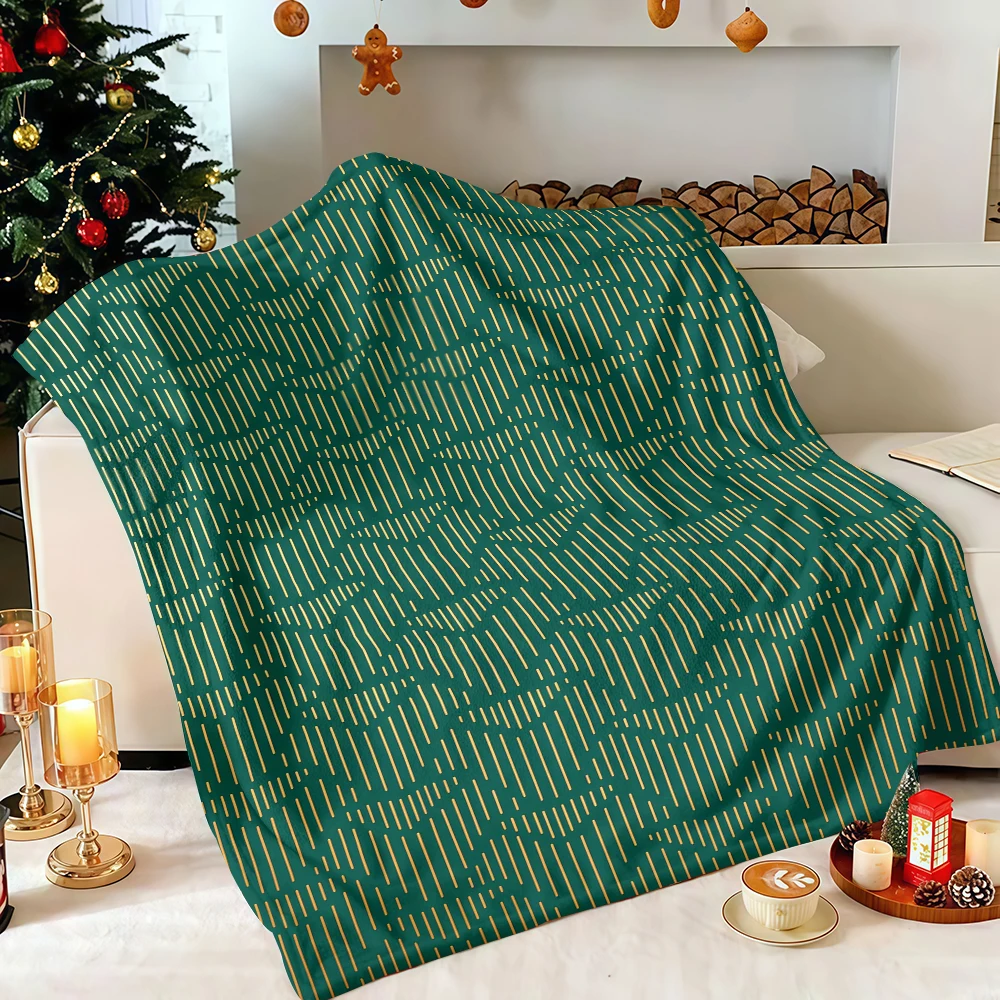 Emerald Gold Geometric Chevron Flannel Blanket Soft Fuzzy Plush Cozy Lightweight Throw for Sofa Bed Couch Home Decor