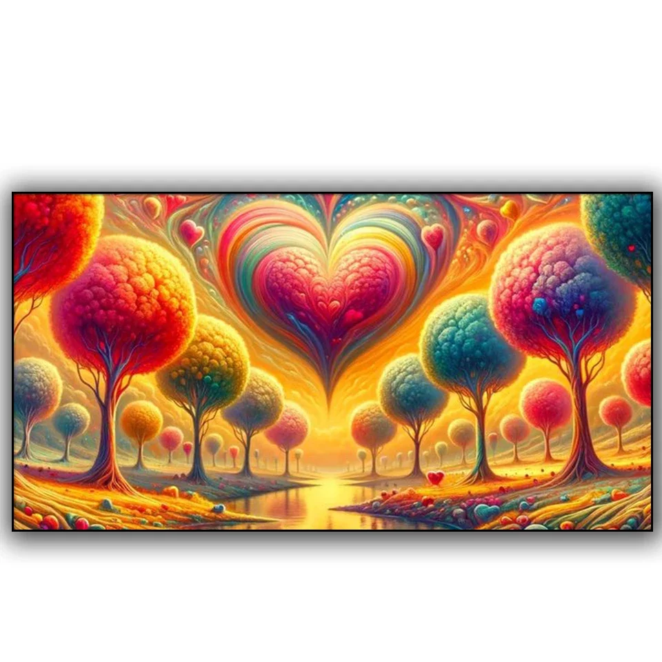 Autumn Heart Shaped Yellow Tree Landscape Diy Diamond Painting Kit Full Square Round Diamond Art Picture for Home Wall Decor