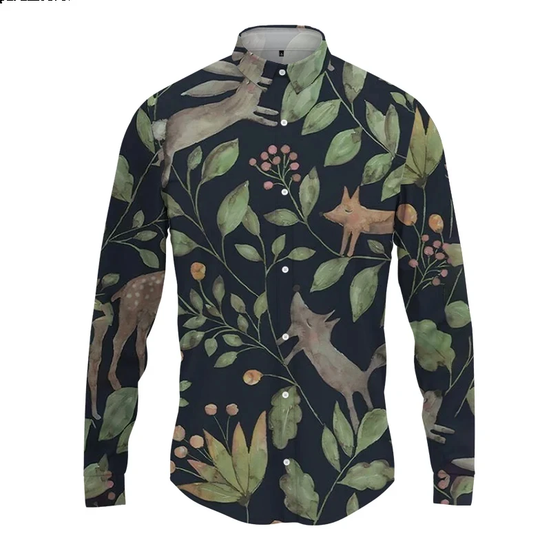 Newest Hawaii Shirt Men Leafage Plant 3d Print Long Shirt Casual Long Sleeve Button Lapel Men\'s Clothes Green Shirt For Men Tops