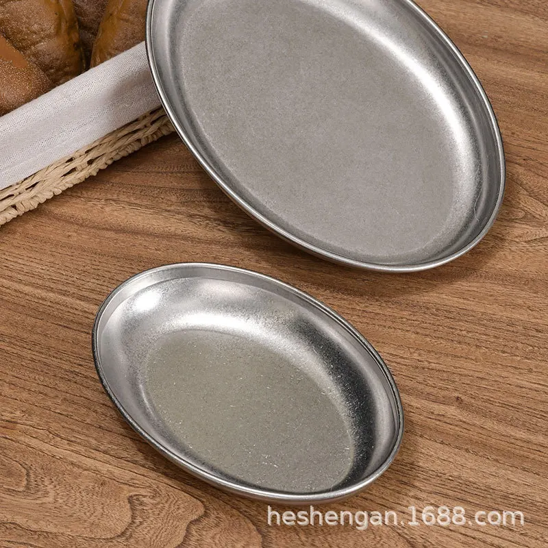 Retro stainless steel oval plate, denier plate, deepened egg plate, old industrial style barbecue  snack plate, vegetable