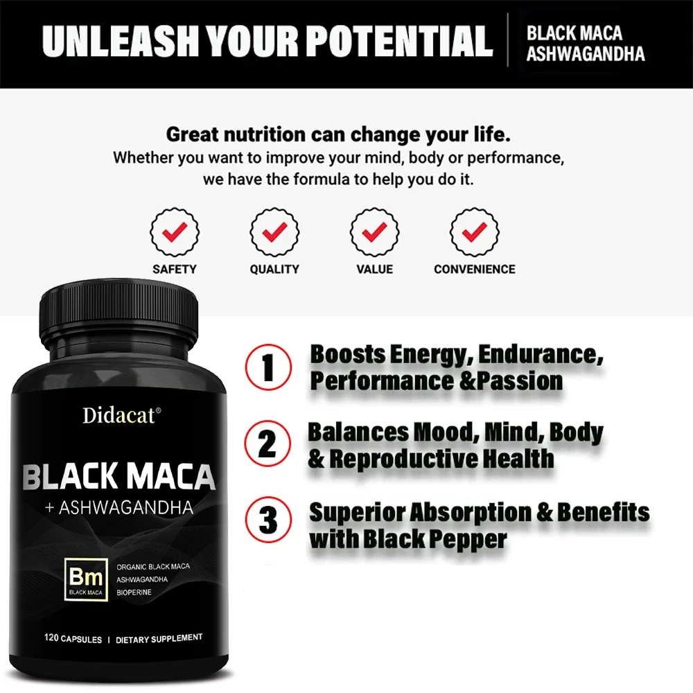 Black Maca Ashwagandha Capsules Boost Energy, Stamina, Performance Balance Mood, Mind, Body