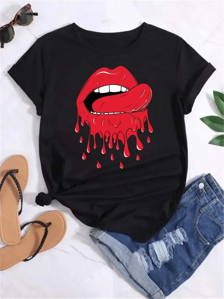 T-shirt for Women Fashion Leopard Print Lip T Shirt Summer Funny Kiss Lips T-shirts Short Sleeve Clothes Woman Clothing