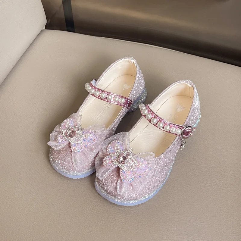 

Girls Princess Shoes with Bow-knot Children High Heels Crystal Shoes Fashion Kids Shining Performance Shoes High-quality 2024