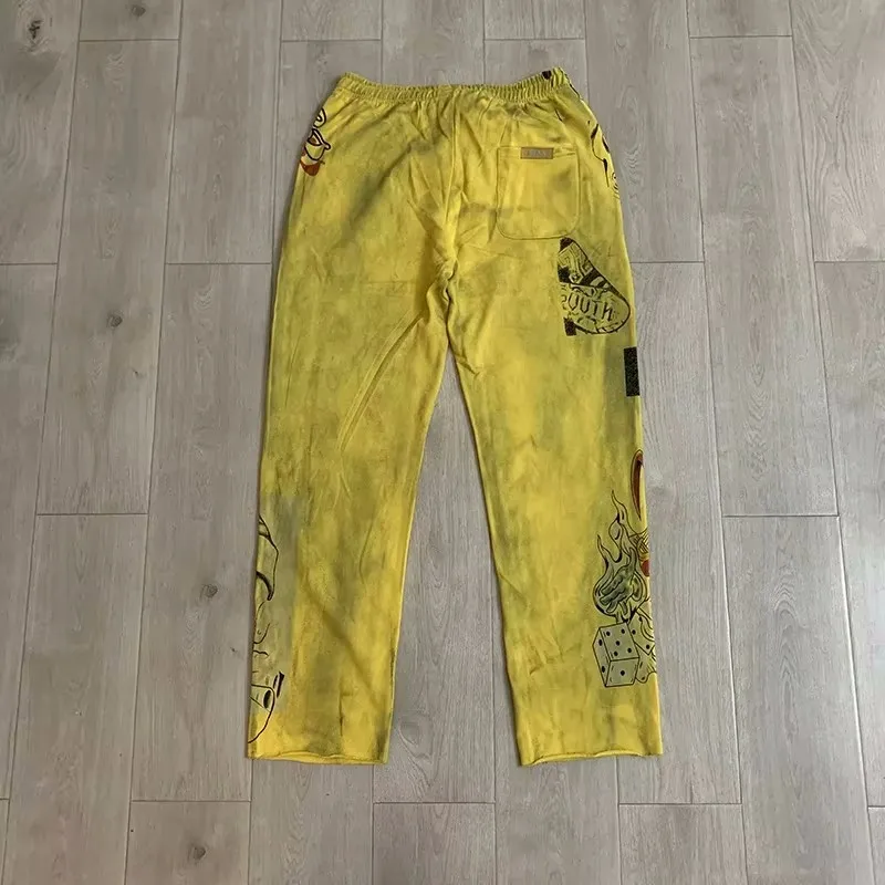 New Men 26 Duaa Washed Yellow Rhinestone Old Holes Cargo Comfortable Cotton Parkour Sweat Casual Pants Sweatpants tag #a258