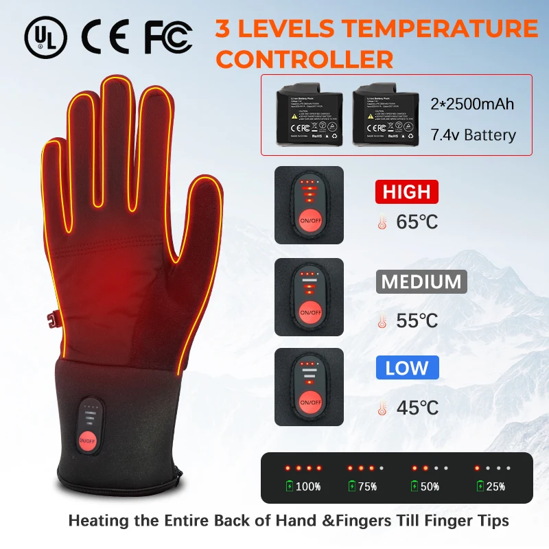 7.4V Rechargeable Battery Electric Heating Thin Gloves Flexible Ultrathin Touchscreen Heated Glove Liners