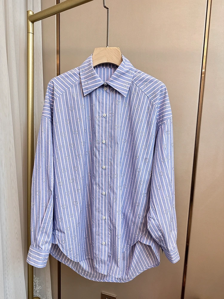 

Lapel Single-breasted Long-sleeved Shirt Love Heart-shaped Rhinestone Vertical Striped Shoulder-fall Loose TopSD Long Sleeve Top