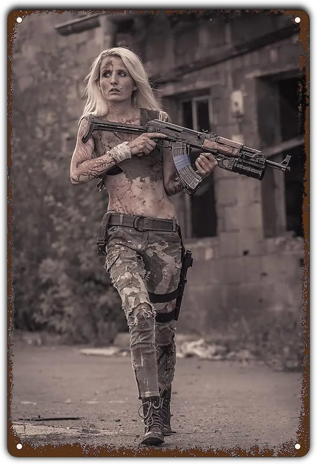 Vintage Metal Tin Signs - Military Sexy Woman with Gun Poster Pinup Girl Army Tin Sign Sexy Nude Wall Art Decor female sold sign