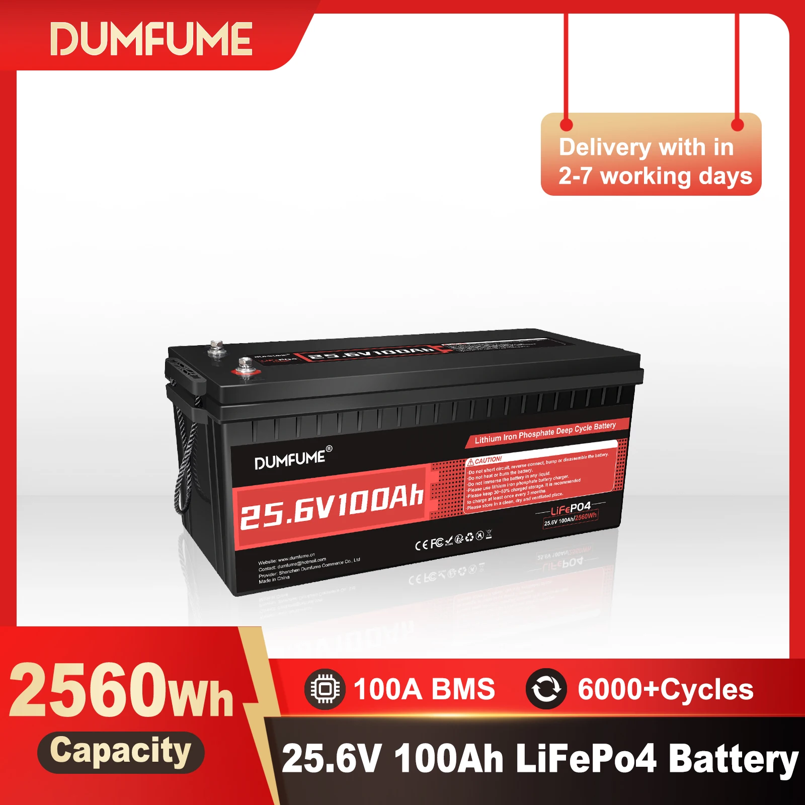 Dumfume 25.6V 100Ah LiFePO4 Battery Built-in 100A BMS 2560W Power Output 15000+ Cycles for RV Solar Off-grid Systems Home Backup Energy Camping