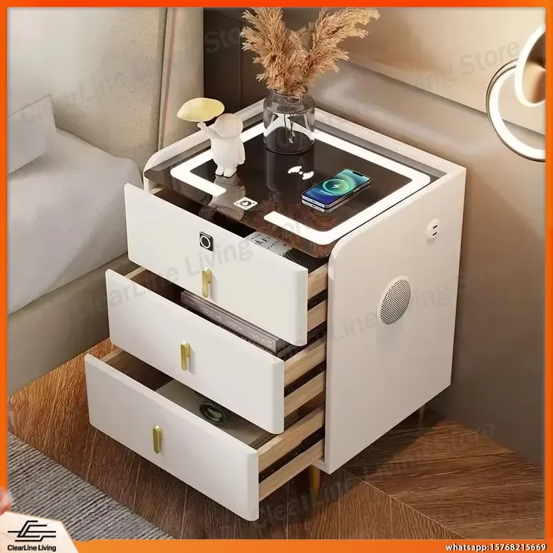 

Modern Nightstand with Wireless Charging 3 Drawers Fingerprint Lock LED Light Bedside Table for Bedroom Home Office Storage