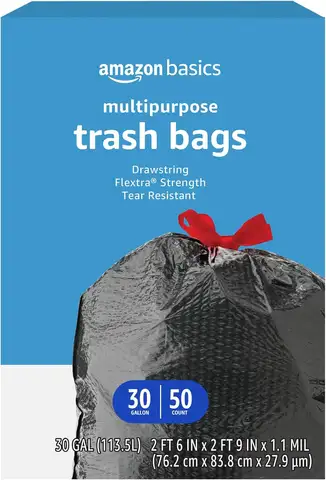 Multipurpose Drawstring Trash Bags, 30 Gallon, 50 Count, Tear Resistant with Flex Pattern