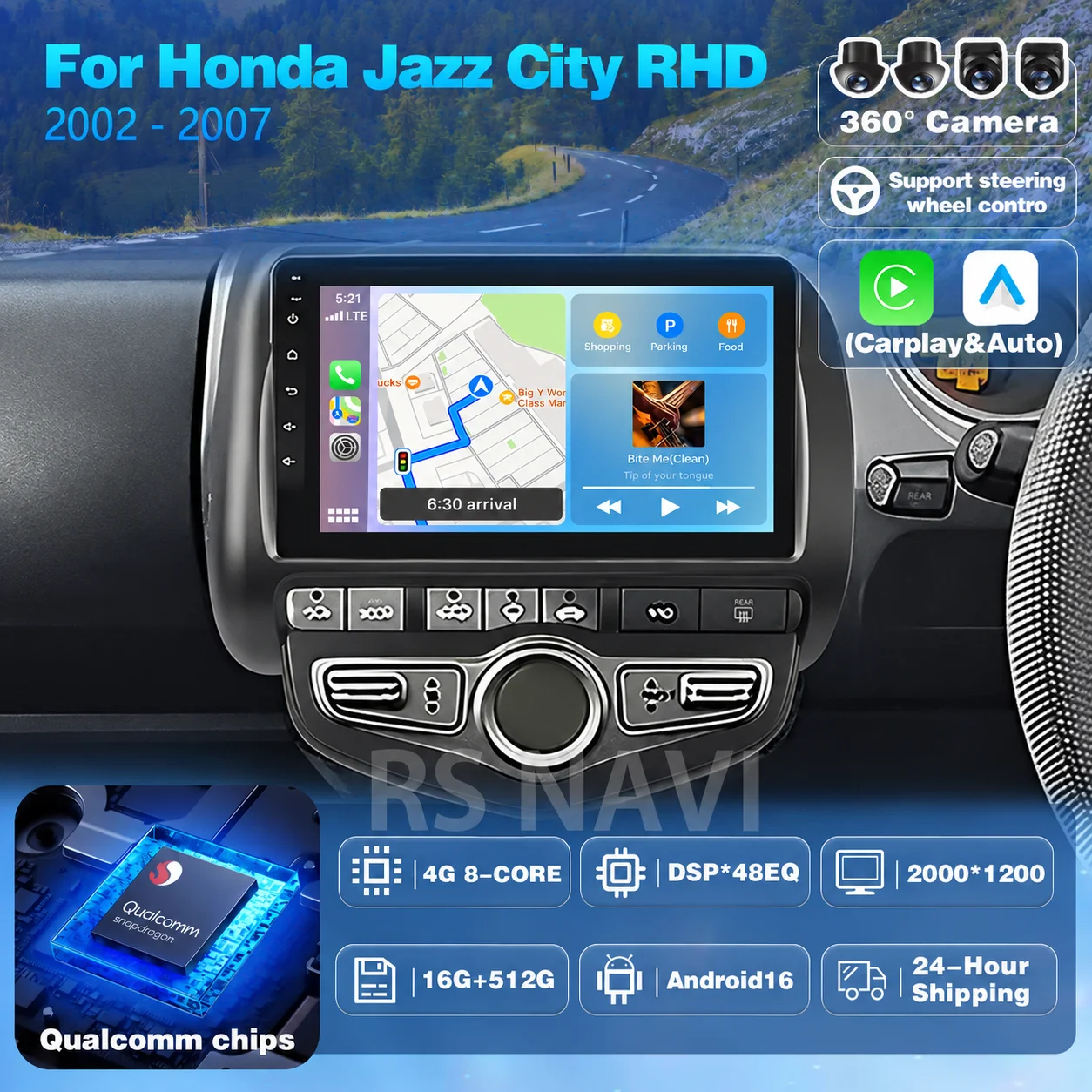 Plug-and-Play Android 16 für Honda Jazz City 2002 - 2007 RHD Carplay Auto Qualcomm Bildschirm Autoradio-Player GPS-Navigation Stereo