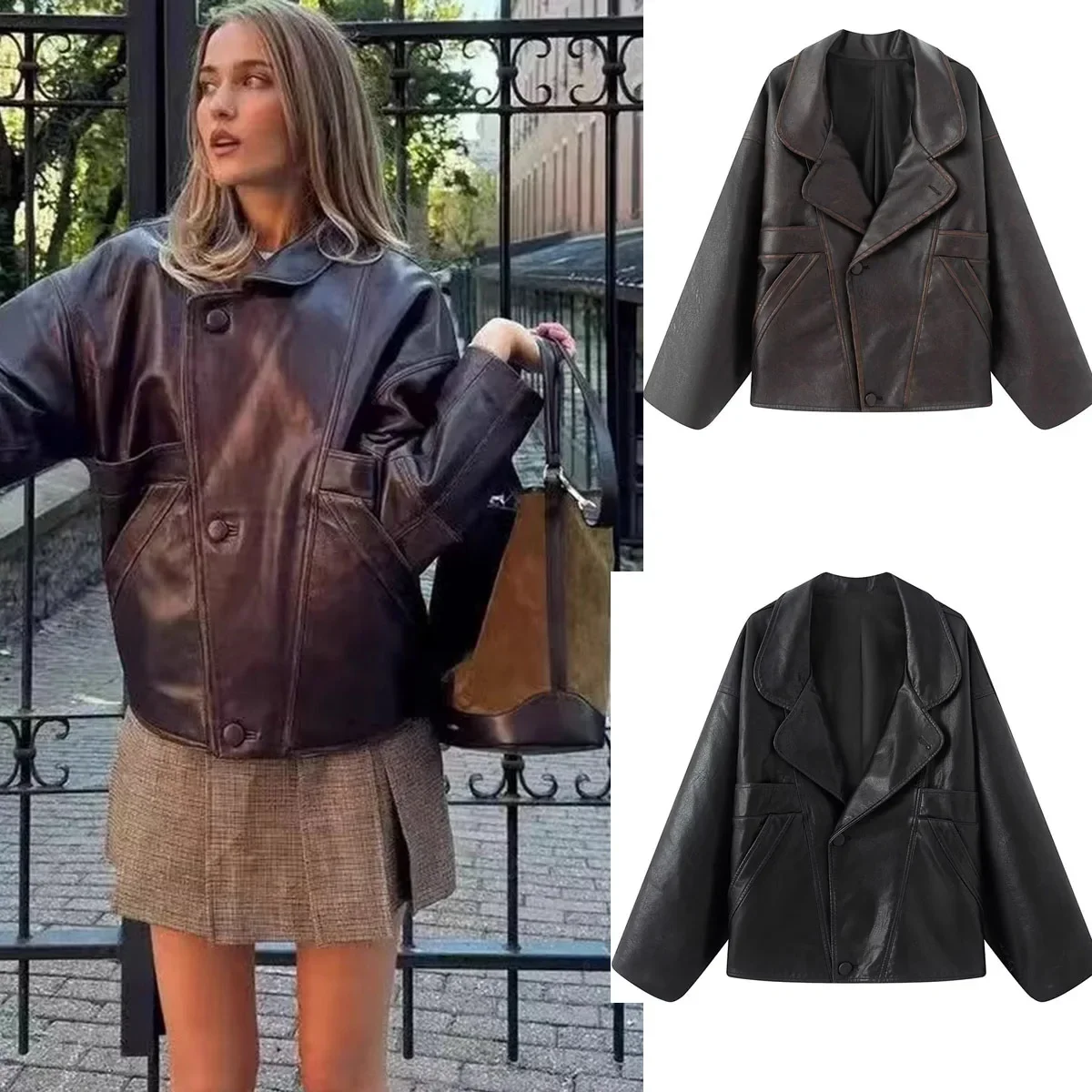 

Y2K Women Faux PU Leather Jacket Loose Autumn Long Sleeve Motorcycle Jackets Oversize Outerwear Turn-down Collar Pockets Coat