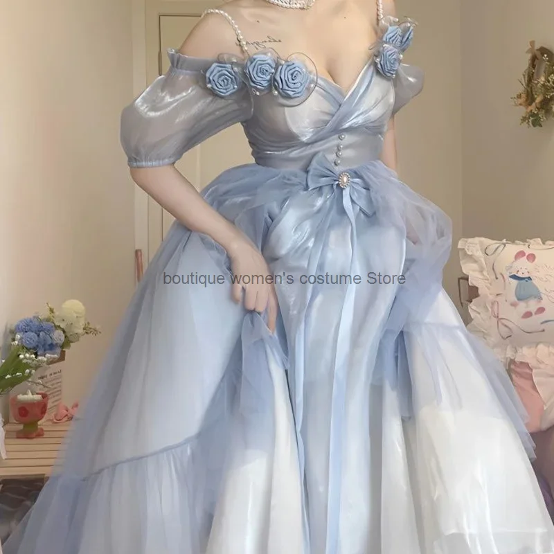 

Sweet Elegant Gradual Blue Lolita Dress Women Flower Wedding Dress Light Rose Fairy Princess Dress