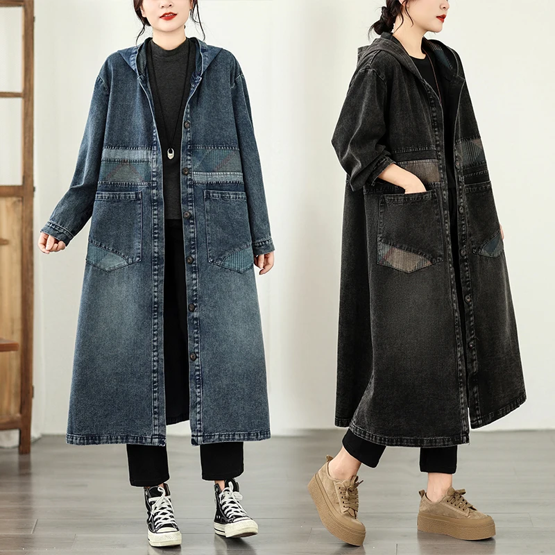 Spring Autumn Large Size Oversized Denim Jacket with Hat Splicing Loose Long Coat for Women Commute Style Regular Sleeve Length