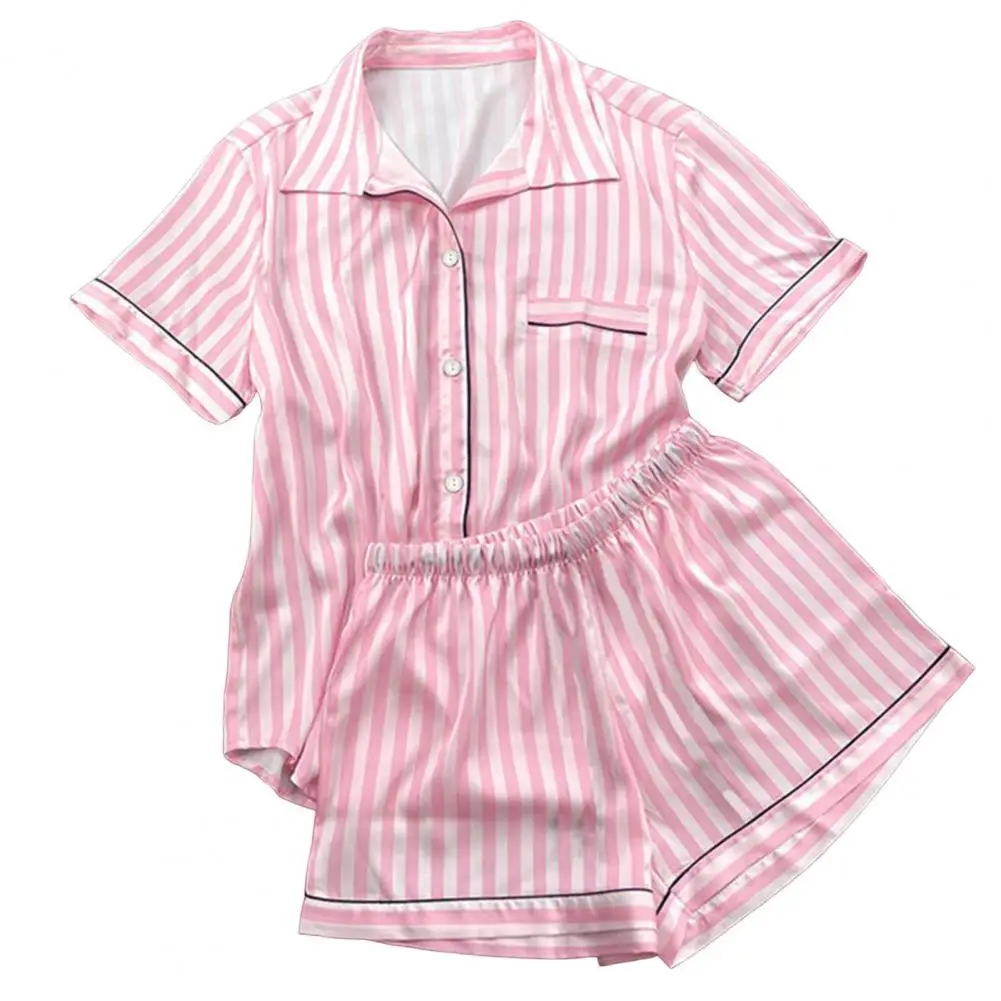 

Women Two-piece Pajama Set Satin Striped Shirt Shorts Set with Elastic Waist Lapel Top Short Trousers for Summer