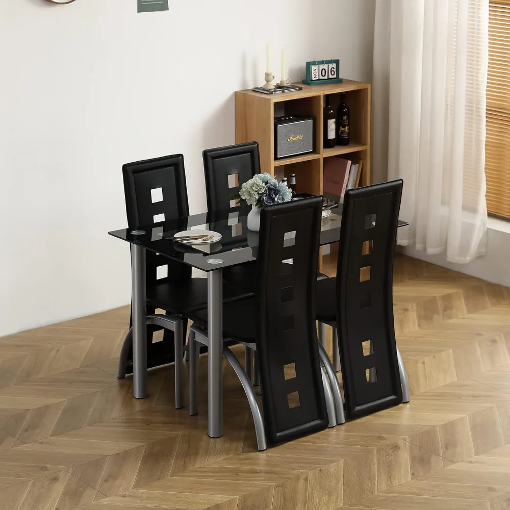 5-piece dining table set with 1 glass dining table and 4 PVC chairs to save space