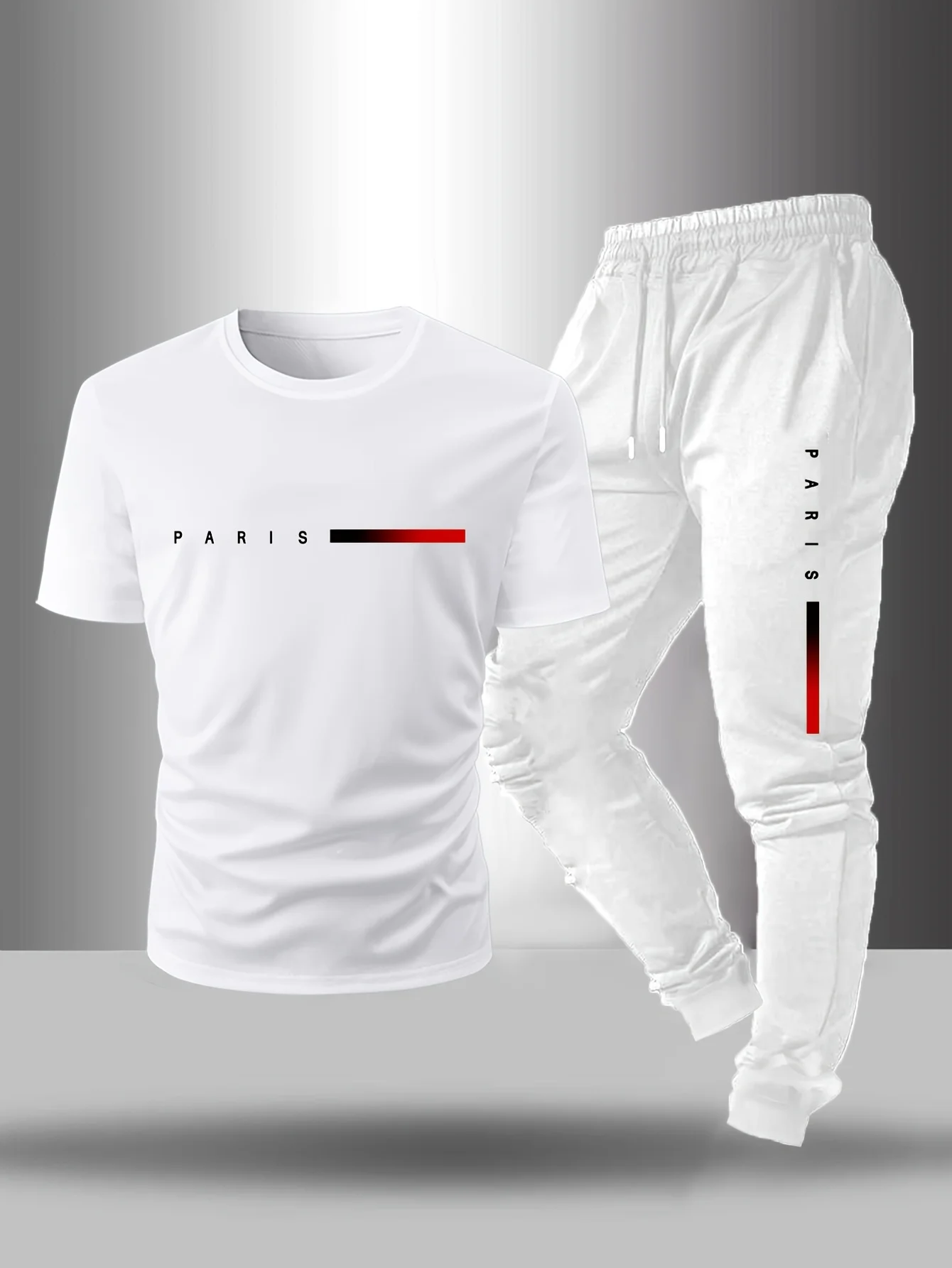 Spring/Summer Paris Letter Printed Round Neck Casual Comfortable Breathable T-shirt with Drawstring Outdoor Sports Pants Set - Image 5