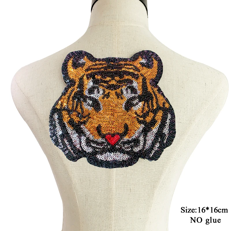 Tiger Sequins Embroidery Patches, Cartoon Animal, Large Embroidery Patches for Clothes, Jacket, Jeans Applique, Iron On Patches