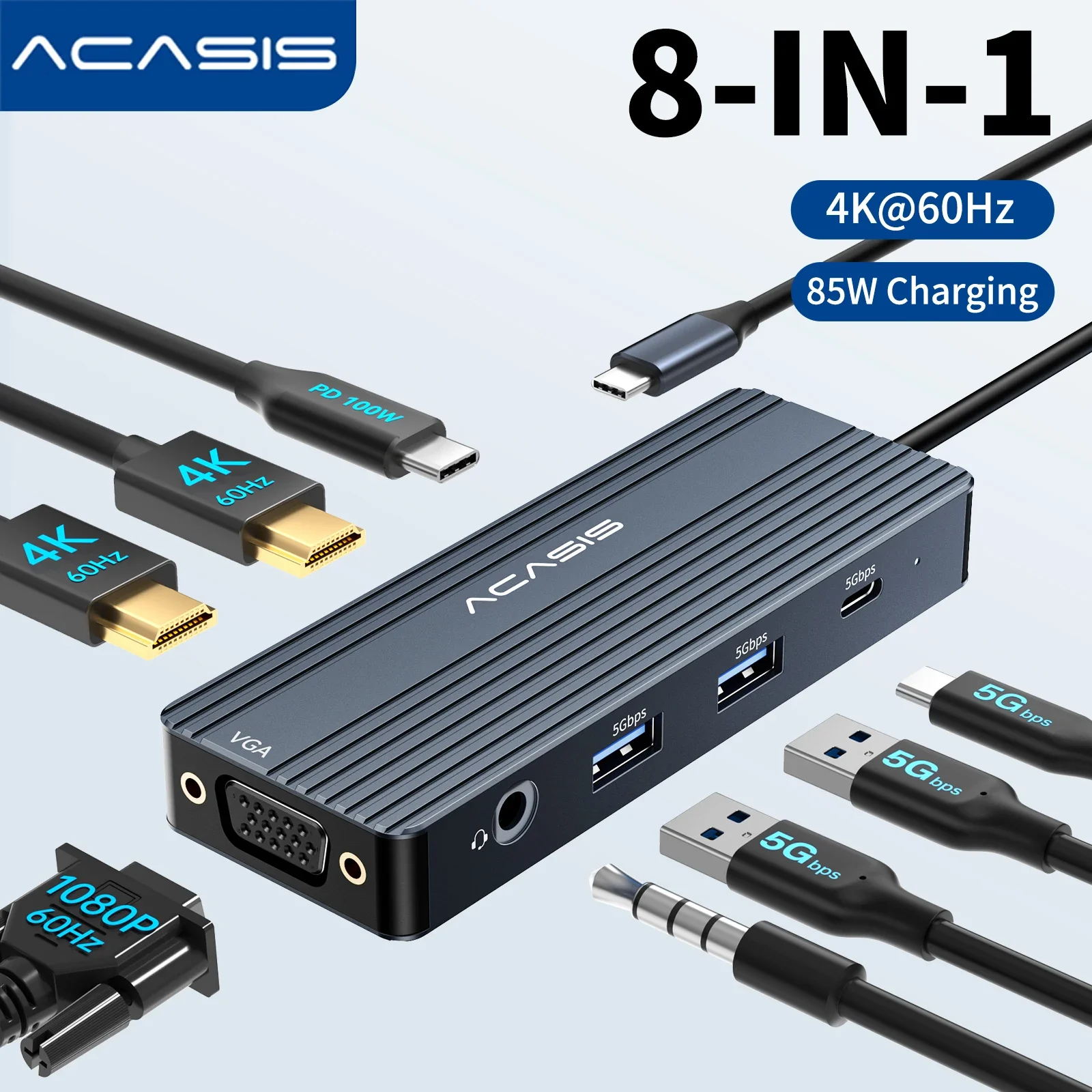 

Док-станция Acasis USB-C, 8 портов, 5 Гбит/с, USB 3,0, 4K, 60 Гц, PD, вход 100 Вт, выход 85 Вт для ноутбука