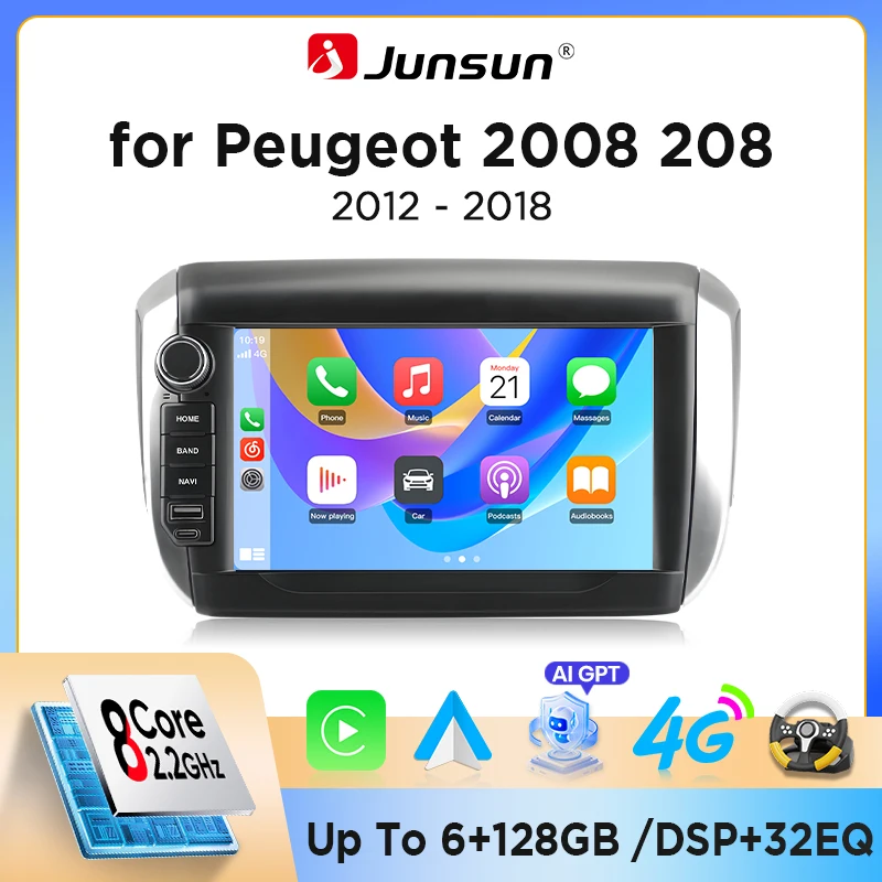 Autoradio Android Junsun per Peugeot 2008 208 2012 2013-2018, schermo IPS HD da 8" con touch, sistema multimediale, CarPlay wireless, Android Auto, sistemi intelligenti, navigatore GPS, Bluetooth,