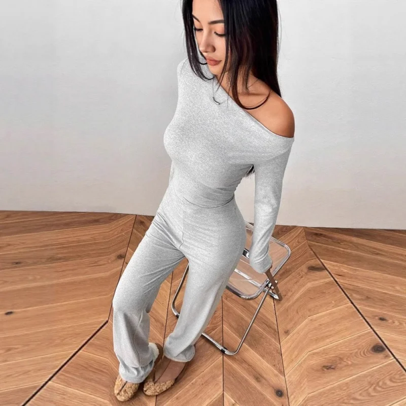 

Женский комбинезон с асимметричным вырезом на плече, длинными рукавами, облегающий, однотонный, базовый, модный, повседневный, с перекрестными деталями