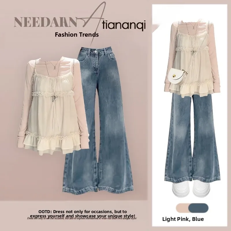 

Ele Spring New Sle Women's Korean Sle Knitted Top And Straight Leg Jeans Two Piece Set Age Reducing Wood ain