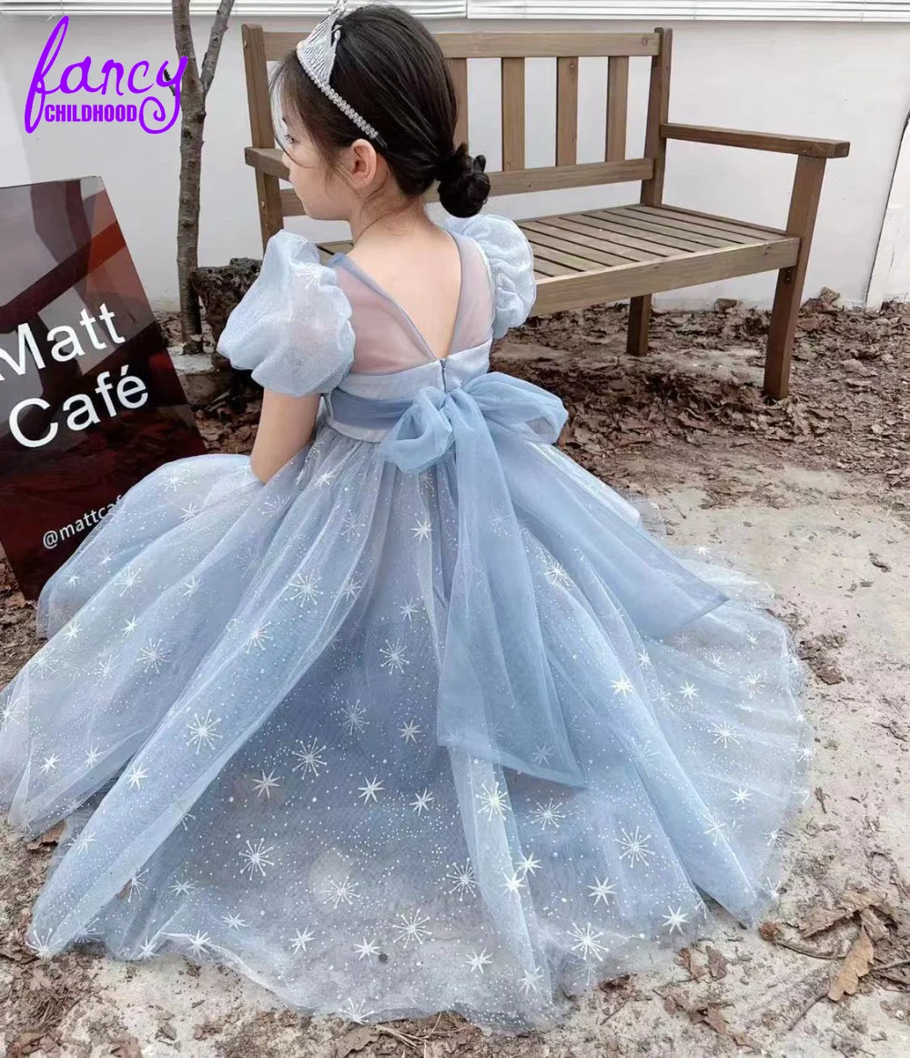 Sommer hellblaue Prinzessin Aschenputtel für Kinder Mädchen großen Bogen Sterne Tüll Kleid Kind Hochzeit Geburtstags feier Ballkleid 3-10t