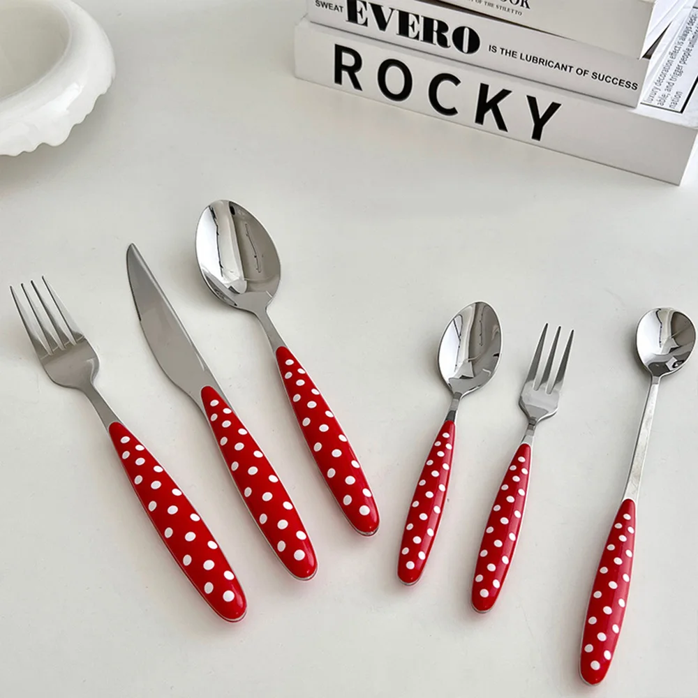 

Red Polka Dot Dessert Cutlery Set - Stainless Steel Spoon Fork with Plastic Handle, Coffee Spoon Light Food Tableware