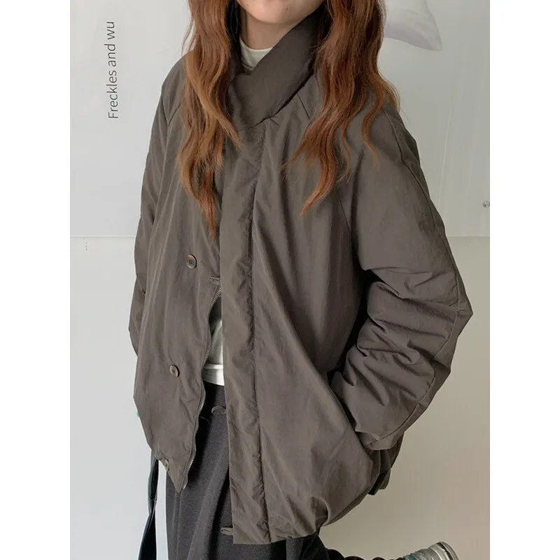 YERMORA البيج سستة جيب موجز عادية أسفل معطف للنساء الوقوف طوق كم طويل فضفاض جديد سترة موضة المد شتاء 2025