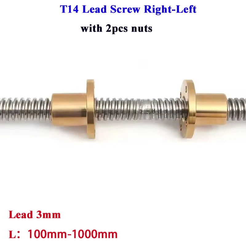 T14 Lead Screw Right-Left Thread Lead 3mm OD 14mm Lead Screw Trapezoidal Rod with Brass Nut for 3D Printer 304 Stainless Steel