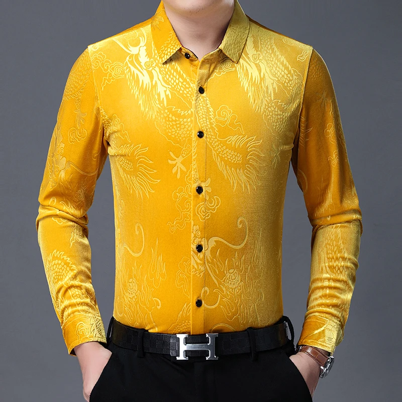 Dragon Jacquard Silky Shirts For Men Long Sleeved Casual Luxury Autumn Quality Velvet Soft Comfortable Premium Camisas De Hombre