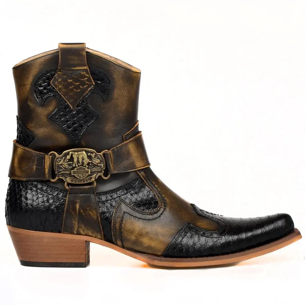 FootCourt- Brown Cowboy Ankle Boots For Men Black Snake Printed Genuine Cow Leather Pointed Toe Side Zipper Harness Buckle Texas