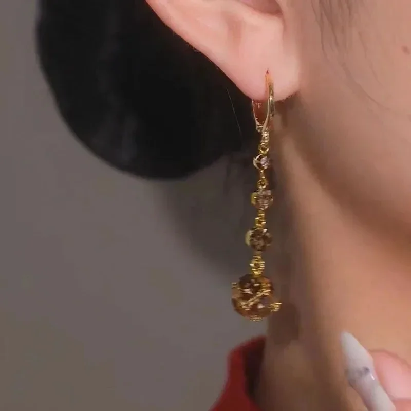 Fashionable Elegant Exquisite Brown Rhinestone Ball Zircon Tassel Earrings For Women Everyday Accessories Party Jewelry Gifts