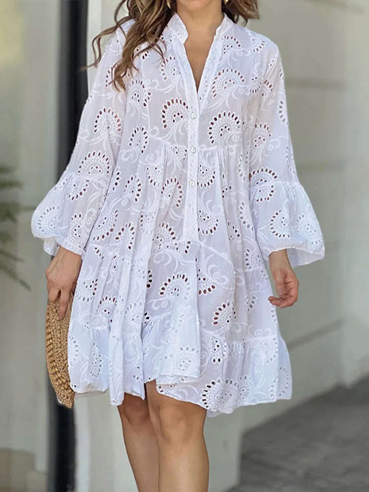 Summer White Dress Women Spring Flare Long Sleeve Hollow Out Loose Casual Mini Dresses Vintage Fashion Embroidery Dress Vestidos