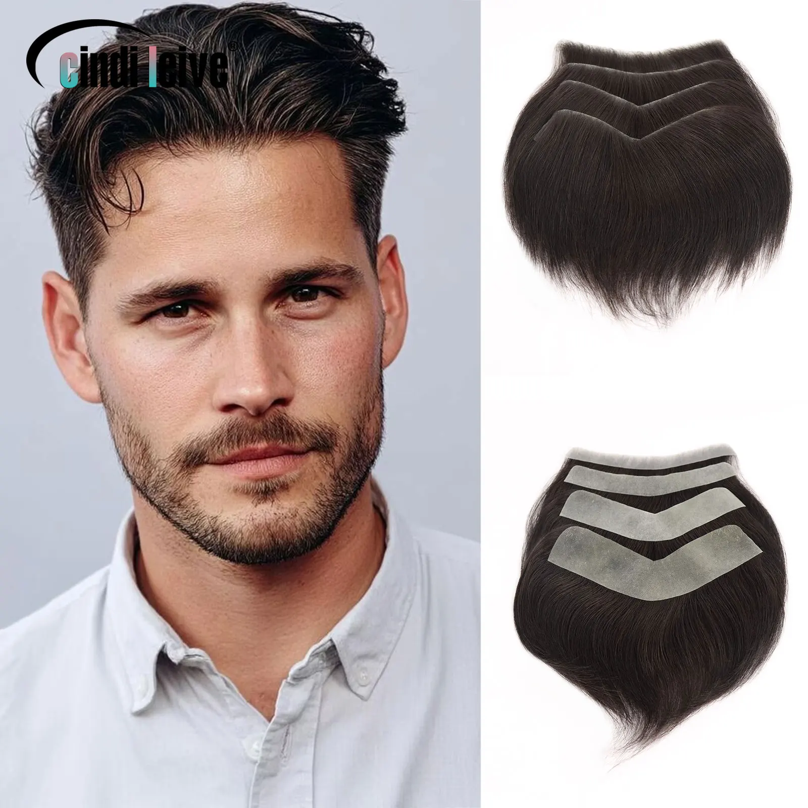 Dark Brown Human Hair Toupee Men Forehead Hairpiece Patch V Looped Invisible Seamless Skin Full PU Men's Capillary Prosthesis