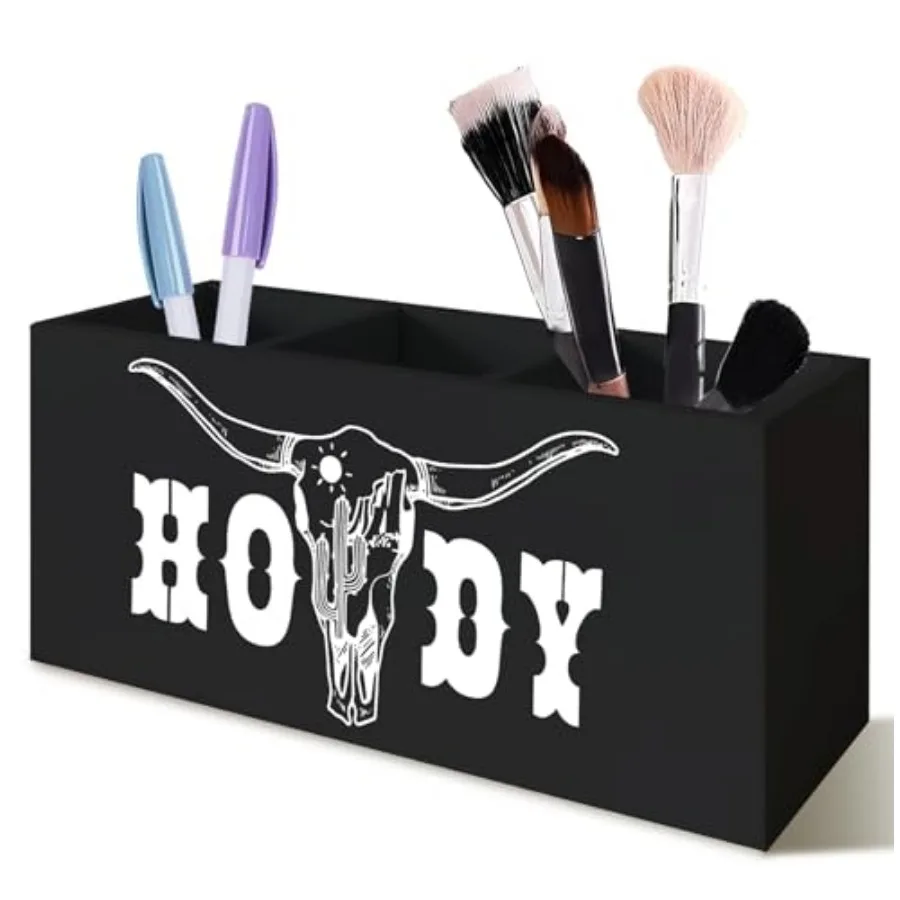 

Boho Western Howdy Pen Pencil Holder for Desk, Western Office Decor, Southwestern Cowboy Cow Skull Cactus Wood Signs for Countr