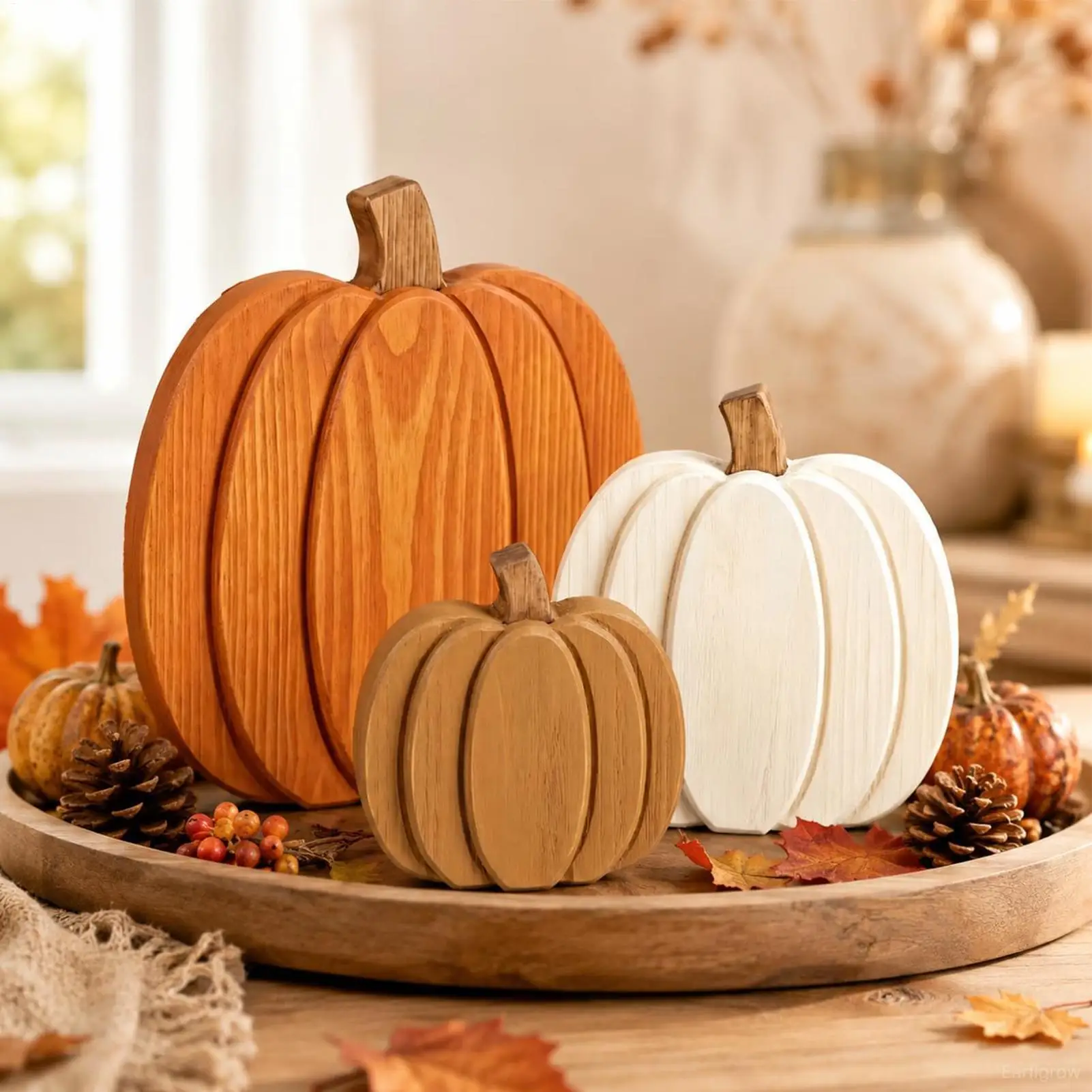 Wooden Pumpkins Autumn Decorations 3 Pieces Fall Harvest Ornament Pumpkin Wooden Tabletop Display For Apartment Farmhouse