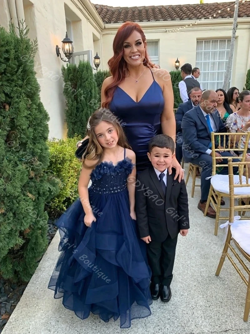 

Girls Ruffled Tulle Flower Girl Dress Spaghetti Straps Beaded Applique Princess Pageant Dress Customized Kids Wedding Party Gown