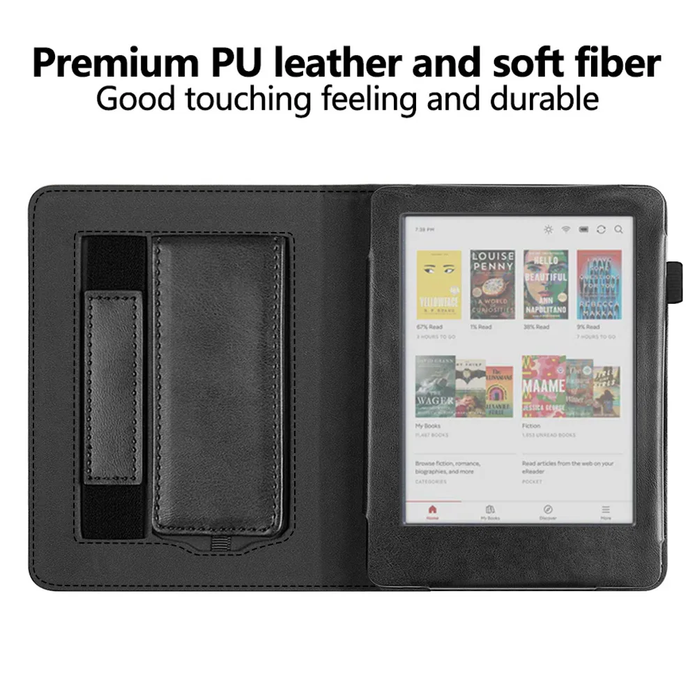 For Kobo Clara Colour / Clara BW Case Kickstand PU Leather E-Reader Cover with Hand Strap - Black