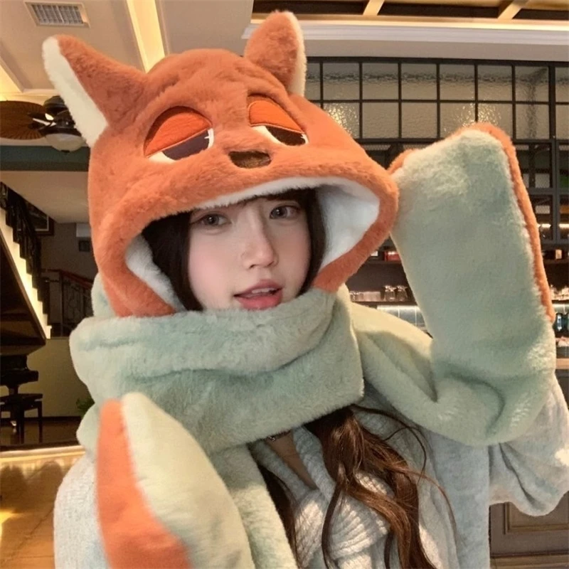 

Плюшевая шапка с лисой, шарф, перчатки, комплект из трех предметов, теплая шапочка-ушанка, варежки для женщин, подростков, милый уютный осенне-зимний рождественский подарок
