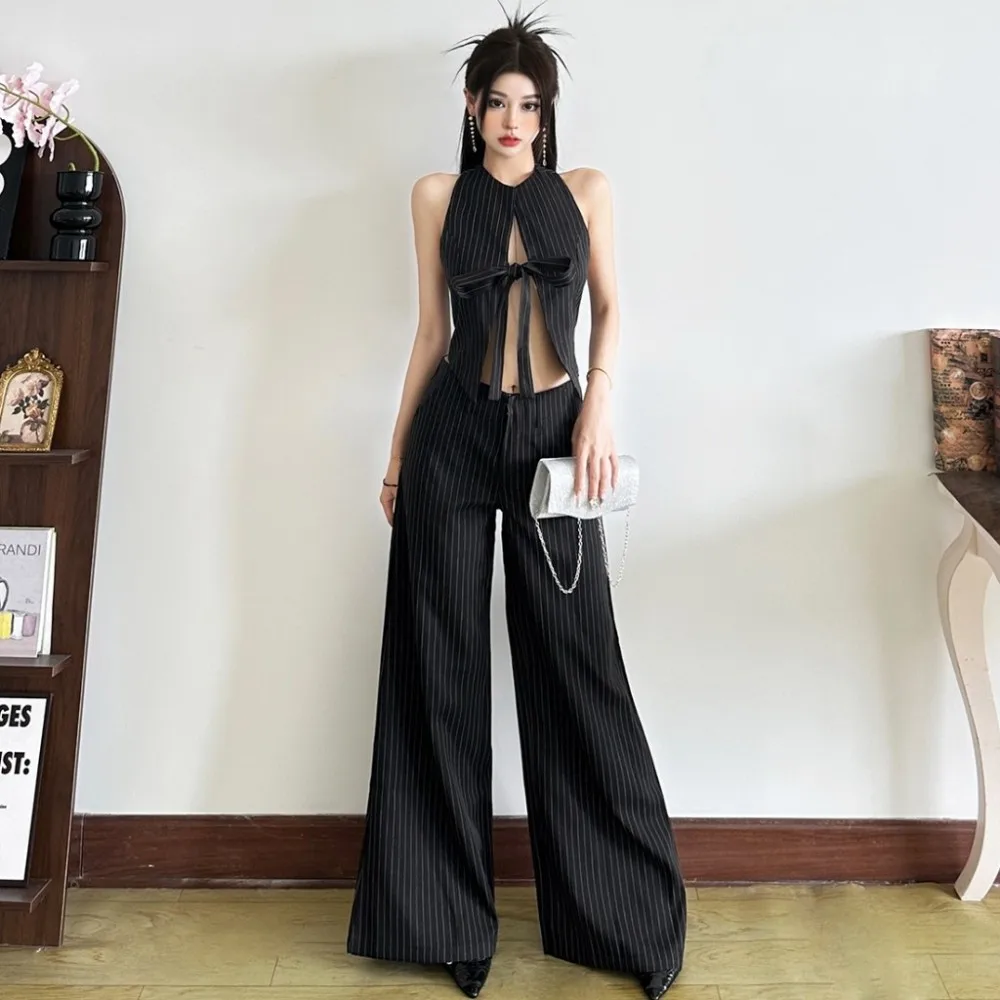 

SylCue Stripe Design 2 Piece Set Women Bow Lace-Up Splits Navel Exposed Tank Tops+Straight Long Pants Street Fashion Outfits