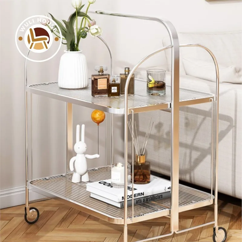 Medieval Style Tempered Glass Living Room Side Table Transparent Coffee Table Folding Mobile Small Cart Restaurant Storage Rack