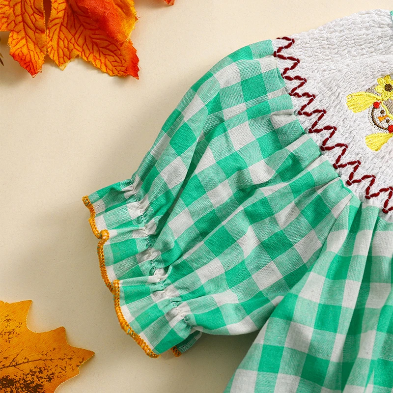 Newborn Baby Girl Smocked Pumpkin Outfit Infant Plaid Bubble Romper Embroidery Halloween Thanksgiving Fall Clothes