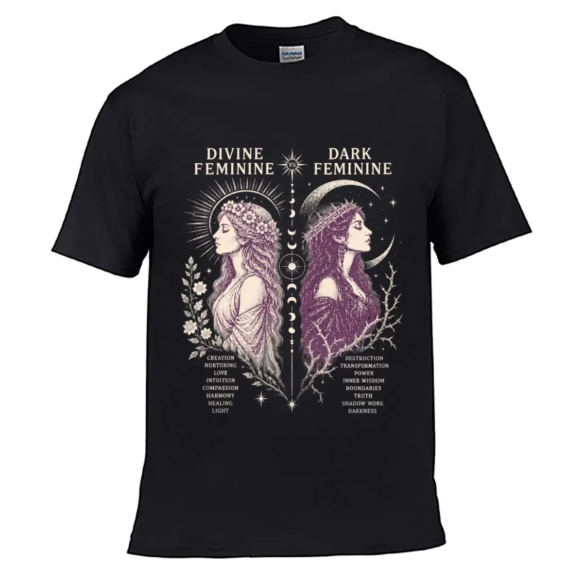 Divine Feminine Dark Feminine Shadow Work Creation Destruction Sun Moon Floral short-sleeved T-shirt Casual Tee