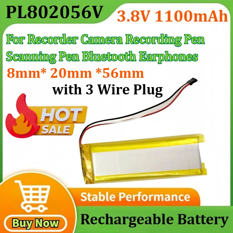 

PL802056V 3,8 В 1100 мАч для записи камеры, ручка для записи, ручка для сканирования, аккумулятор с 3-проводным разъемом, аккумулятор для наушников Bluetooth