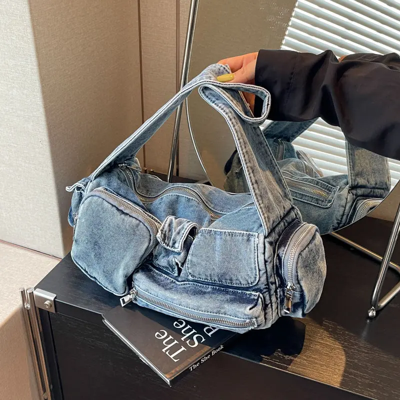 Borse a tracolla in Denim per donna borsa a tracolla con tasche Multy borsa Femlae Tote Jean Bag in blu nero